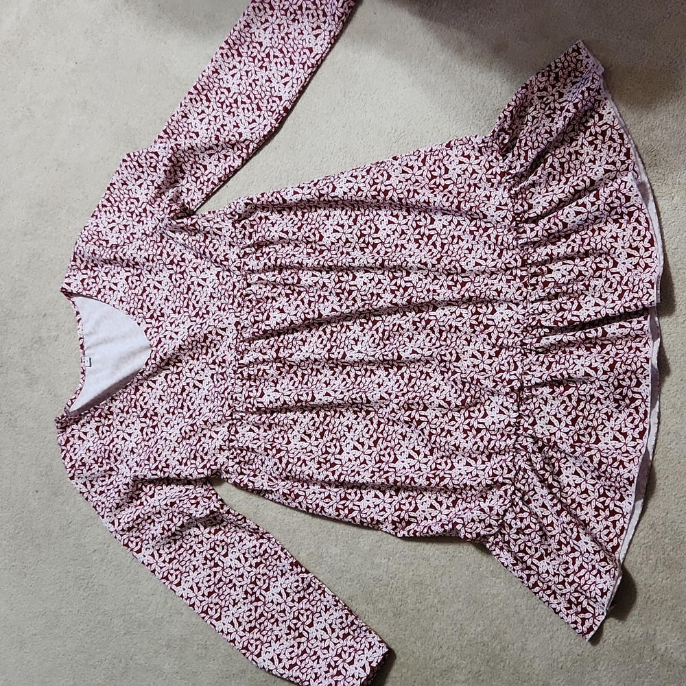 Boho Long Sleeve V-Neck Swing Shift Dress Maroon/White - Medium